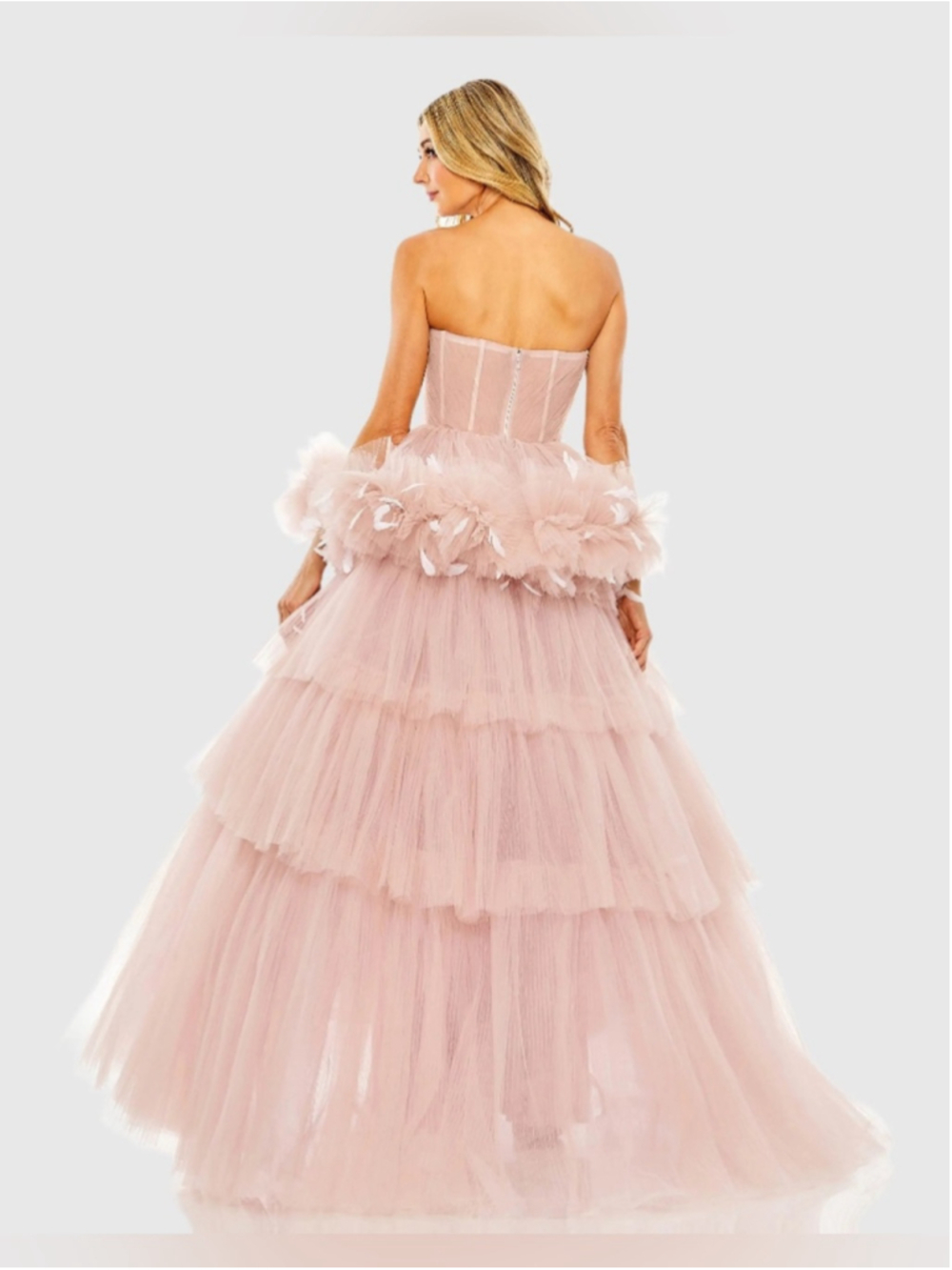NWT Mac Duggal Strapless Feather-Trim Tiered Tulle Gown - Blush #20572 Size 12 - Picture 3 of 8